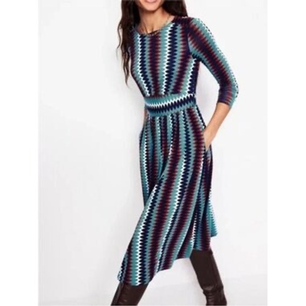 Boden Thea Long Sleeve Midi Dress Blue Teal Zig Zag Chevron Pockets US 8R D1059